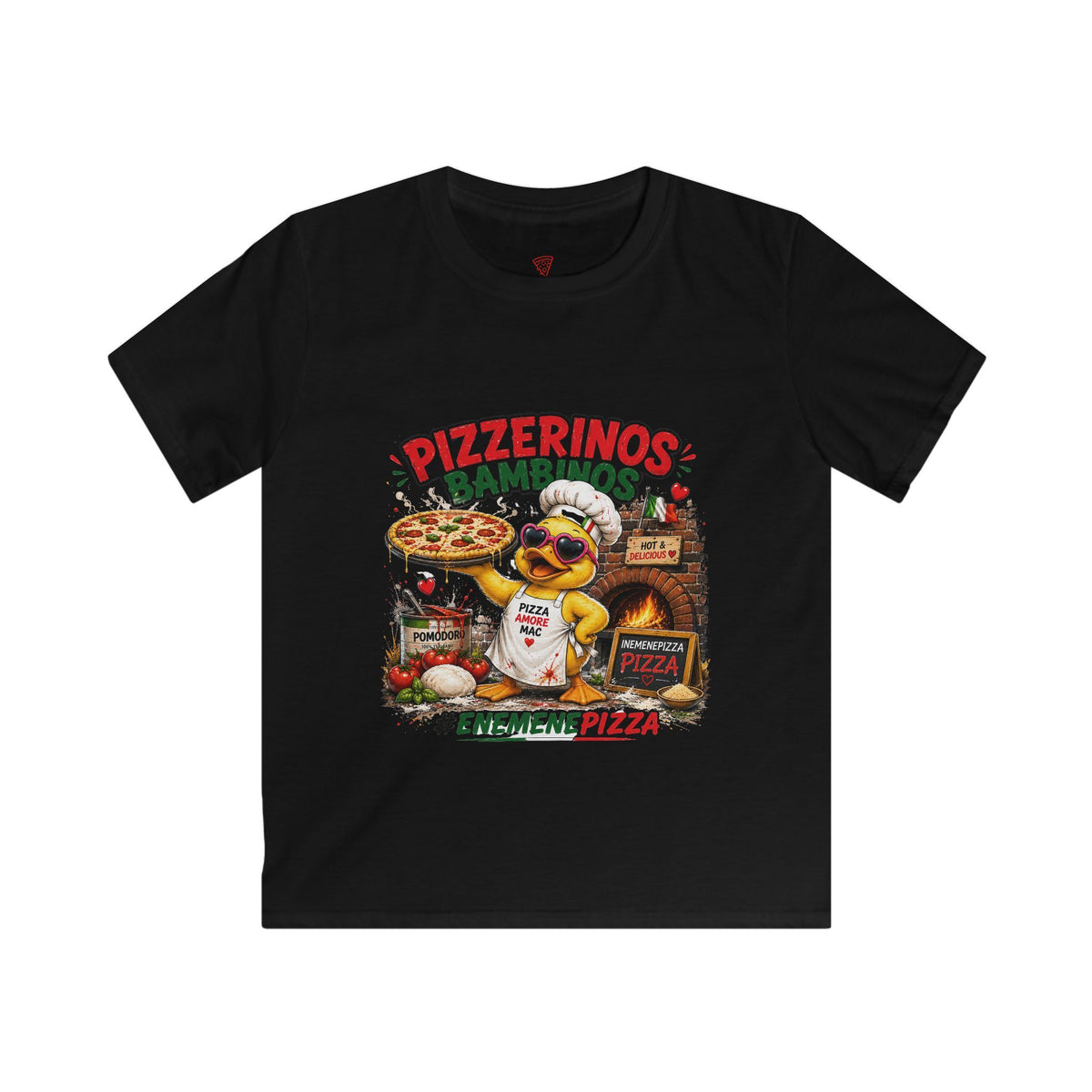 Pizzerinos Bambinos Kinder T-Shirt | Lustige Pizza-Ente | Pizza Shirt für Kinder | QuackWerk